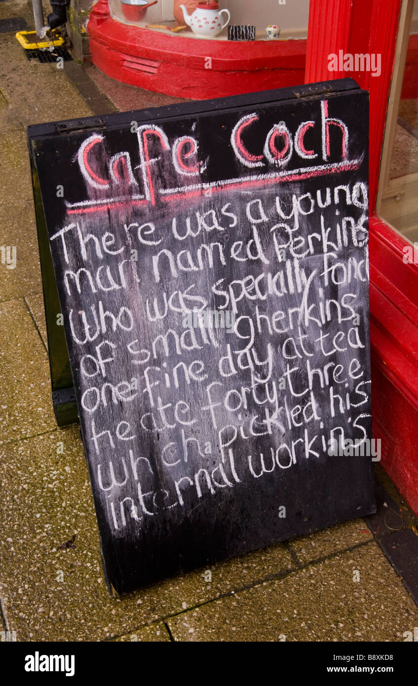 Funny sandwich board outside Cafe Coch in Llandrindod Wells Powys Mid Wales UK Stock Photo