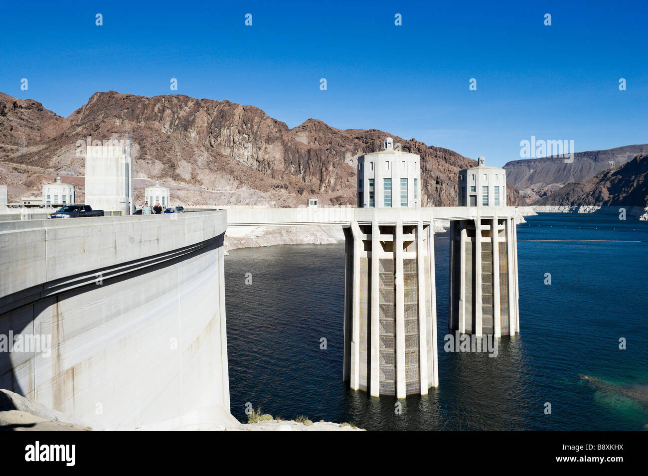 Lake Mead at the Hoover Dam showing the unprecedented low water levels, Arizona/Nevada, USA Stock Photo