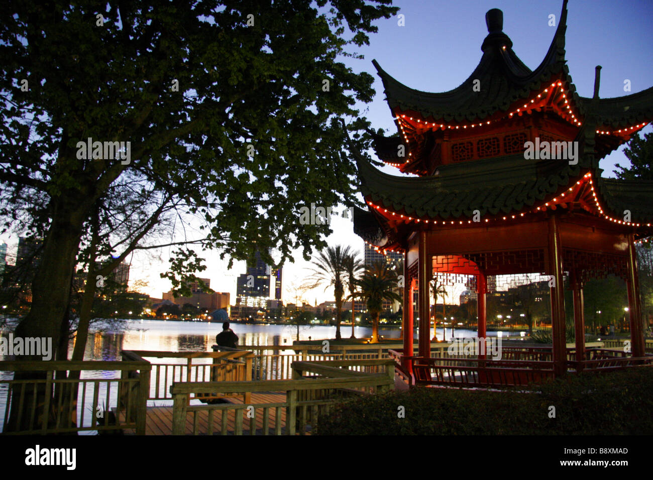 Chinese pagoda by lake in downtown Orlando Florida USA Stock Photo