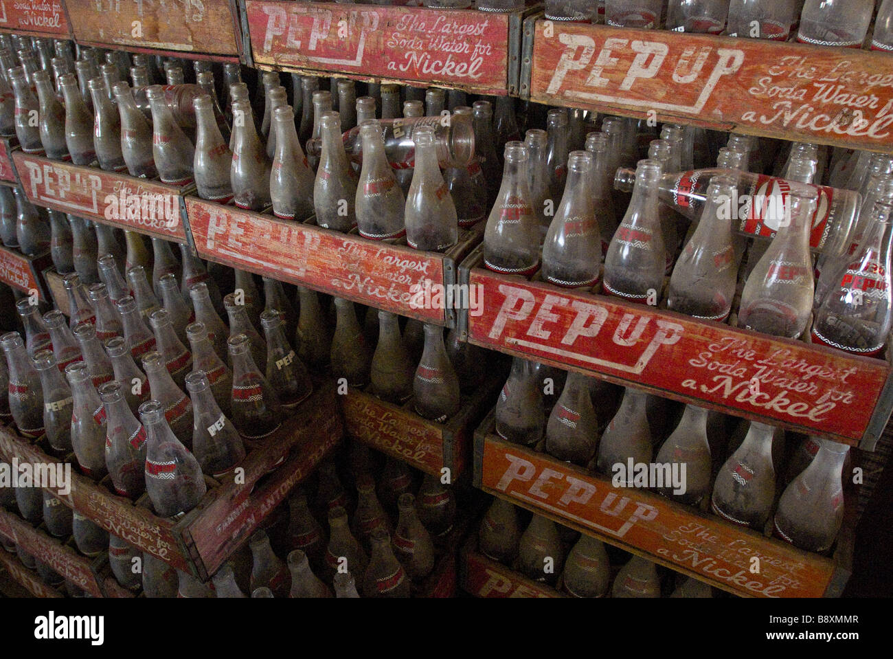 Pep Up soda bottles in wooden crates at the flea market in Canton, Texas. Stock Photo