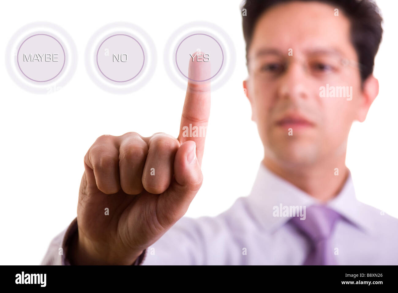 a businessman pressing the YES hi tech button Stock Photo