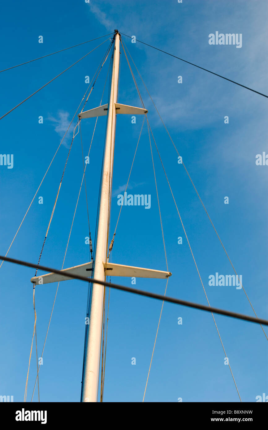Catamaran mast view over blue sky Stock Photo Alamy