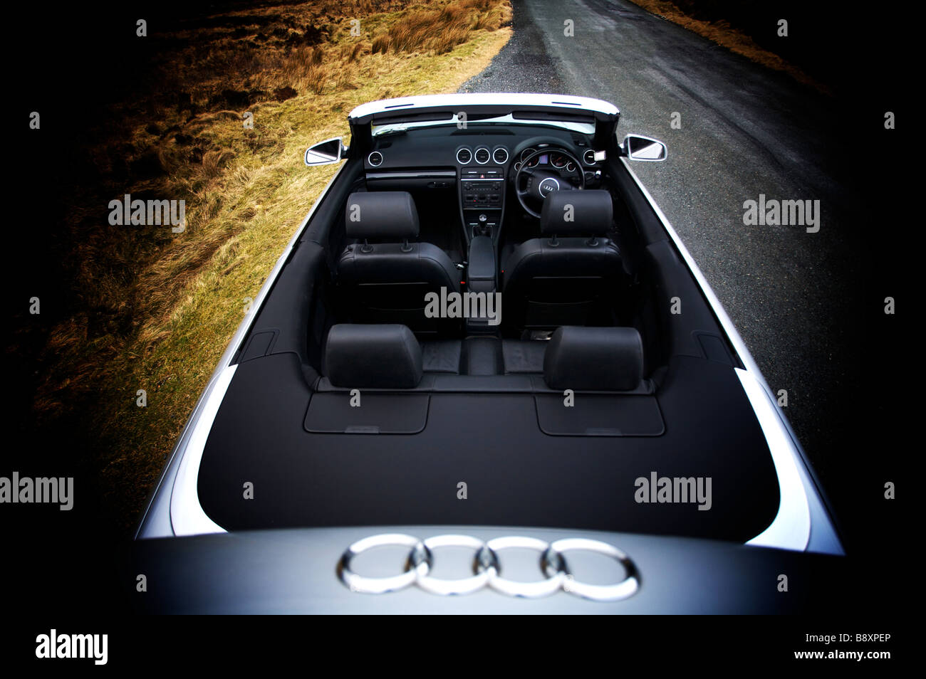 Top view of a silver Audi A4 Cabriolet 1.8T car parked vignette with black leather interior Stock Photo