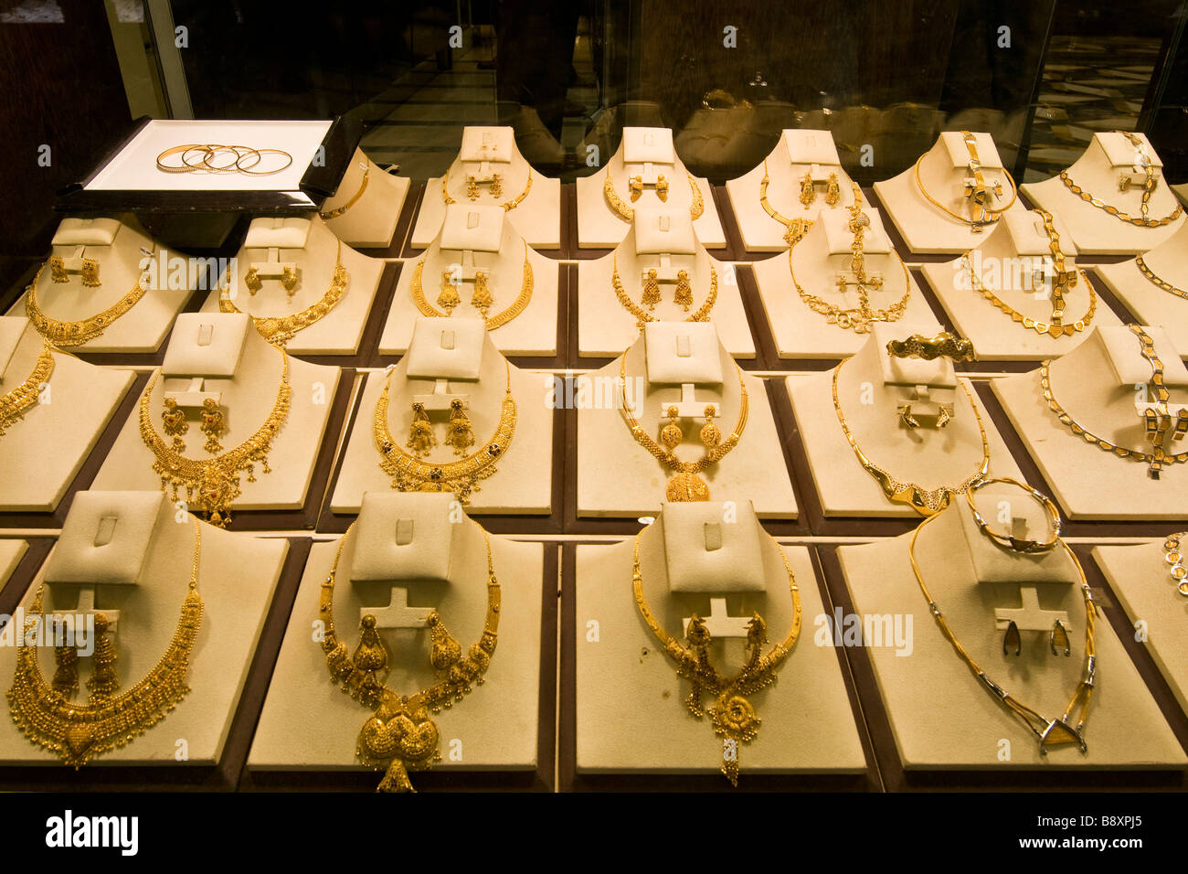 Jewelry showcase Gold souk Deira Dubai United Arab Emirates Stock Photo