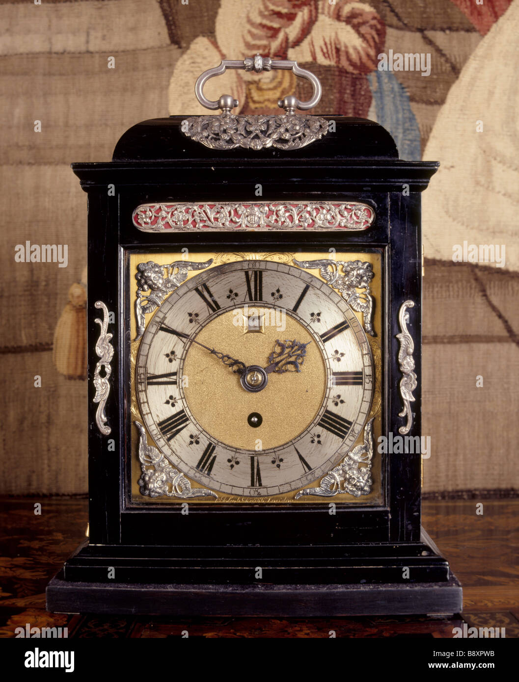 Ebony bracket clock with silver mounts by Joseph Knibb 1650 c 1750 in the Great Chamber at