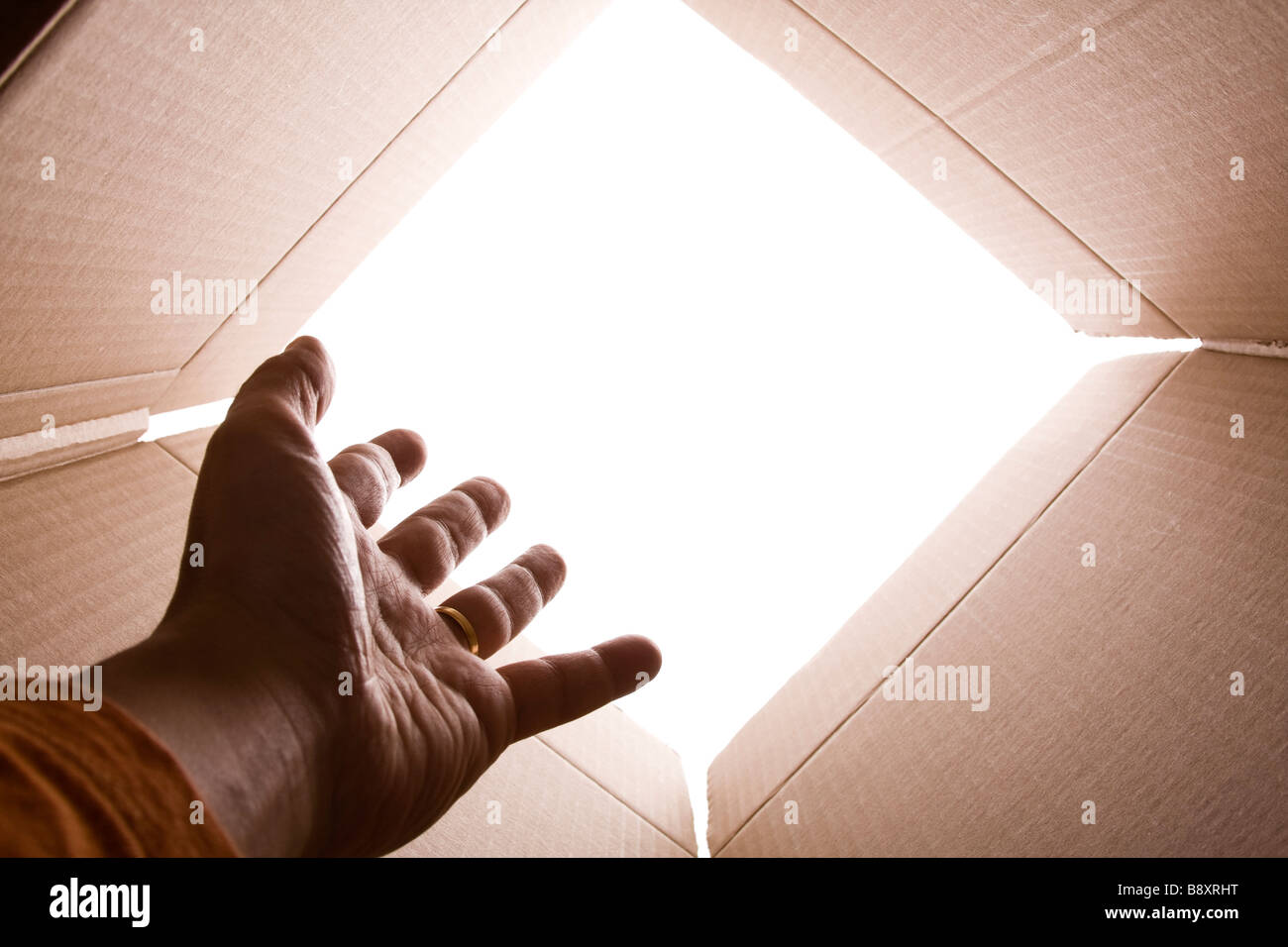 inside view of cardboard box with a hand trying escape selective focus Stock Photo