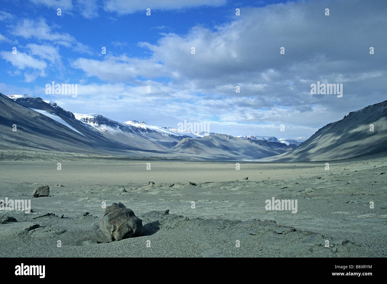 The desert like floor of the Wright Valley in the McMurdo Dry Valley region of Antarctica. Stock Photo