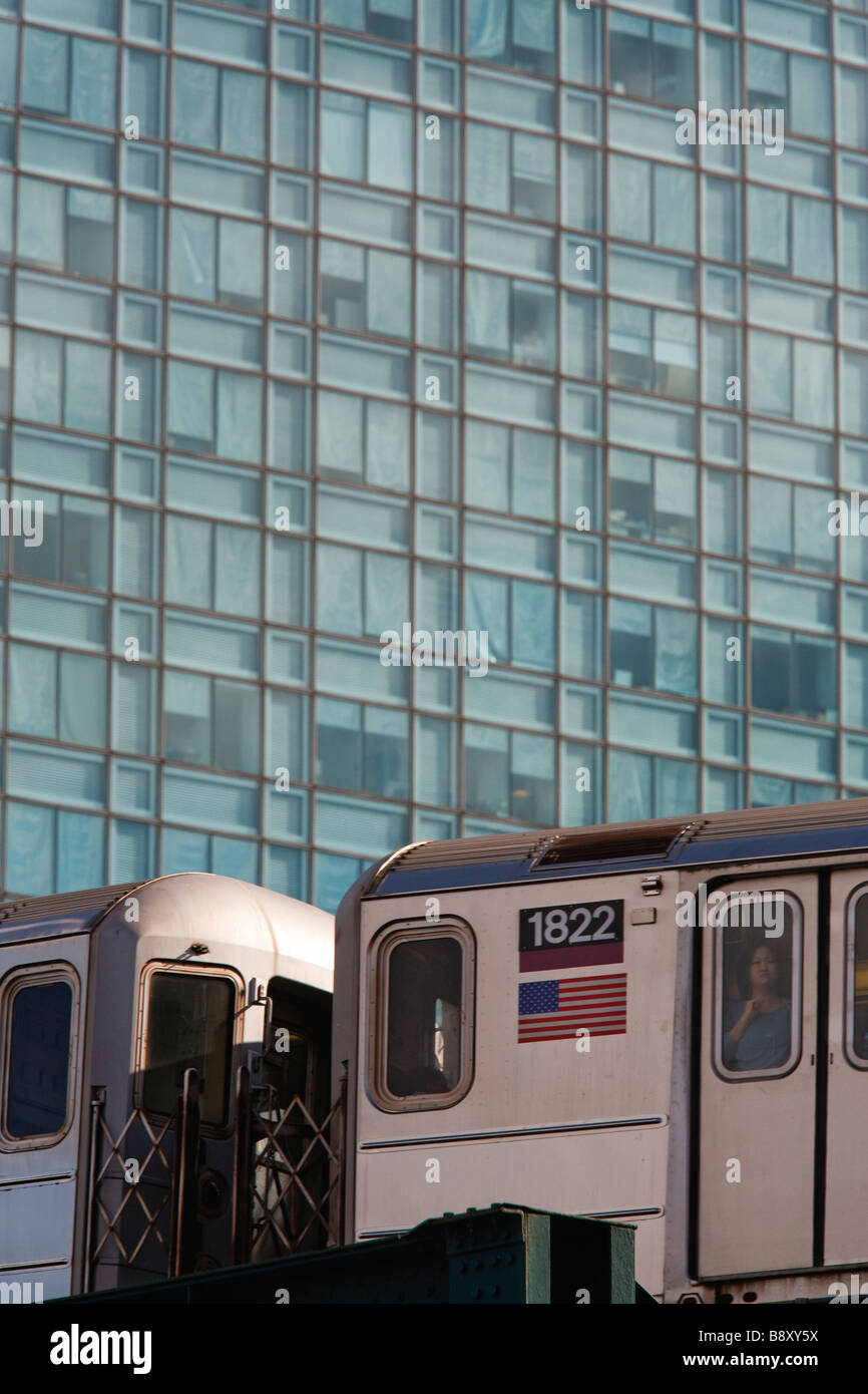 A Flushing line subway train in Times Square is wrapped in