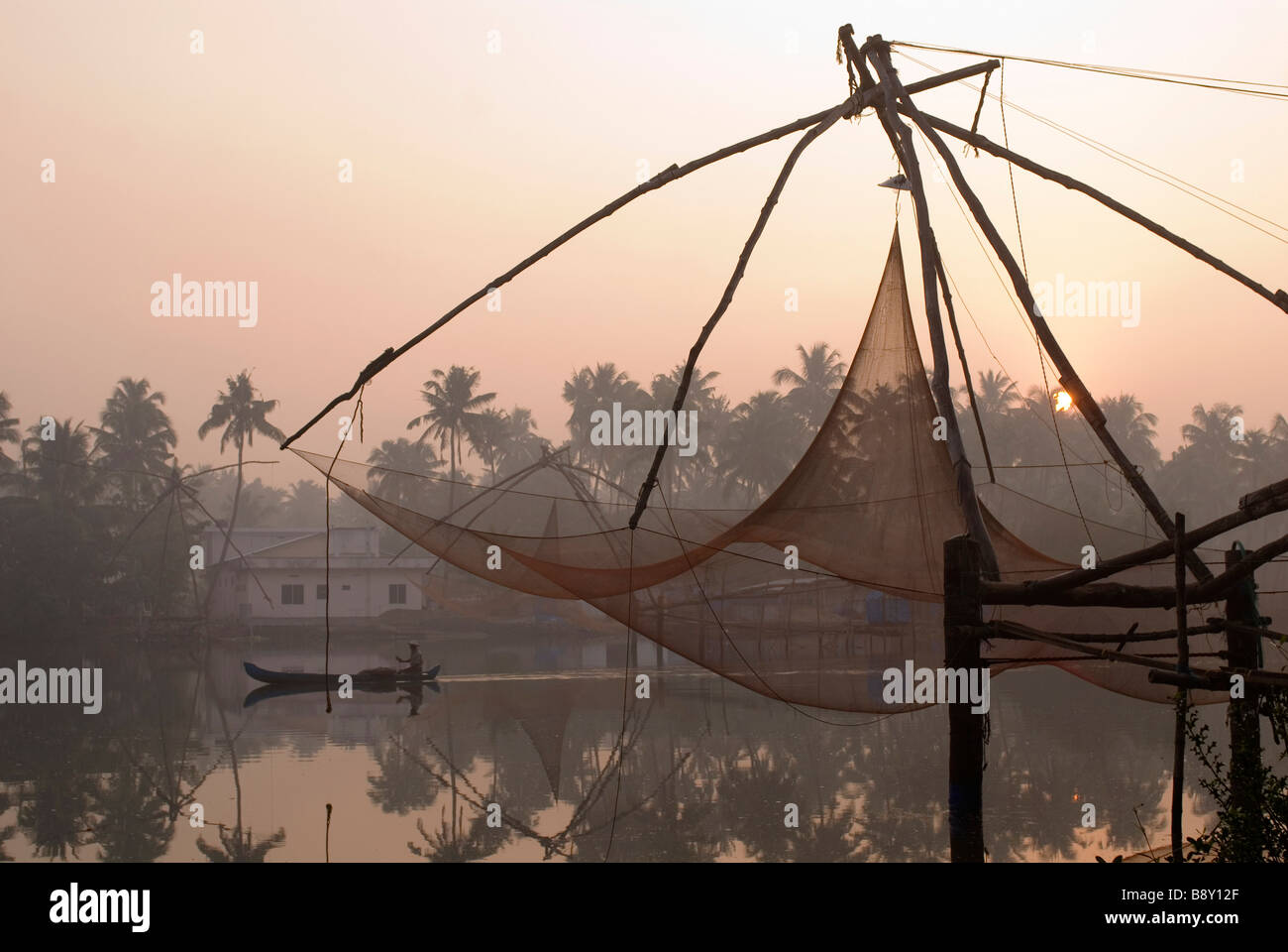 Chinese fishing net in a lagoon, Kerala Backwaters, Cherai, Ernakulam District, Kerala, India