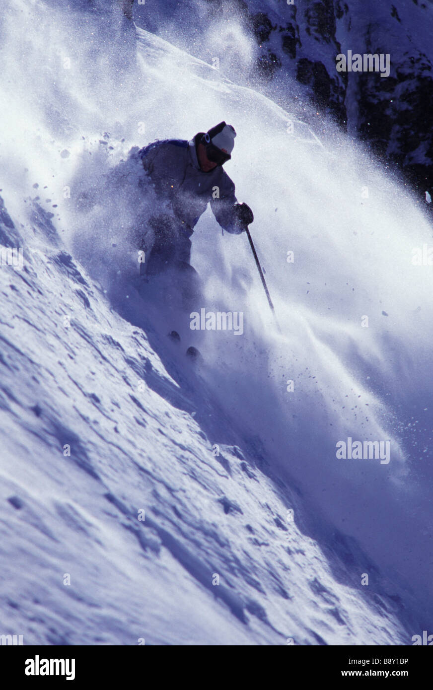 Low angle view of a man skiing on powder snow, Squaw Valley, Fresno County, California, USA Stock Photo