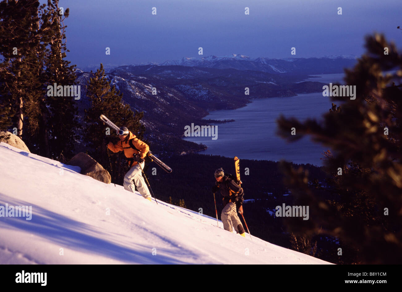 Couple ski mountaineering, Lake Tahoe, California, USA Stock Photo