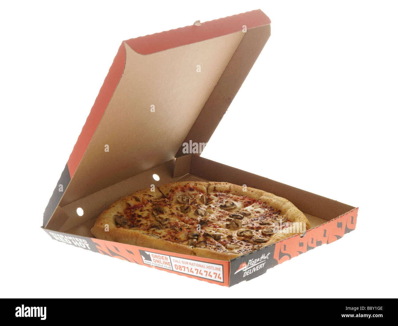 Still life photograph of pizza in Pizza Hut box with side dishes