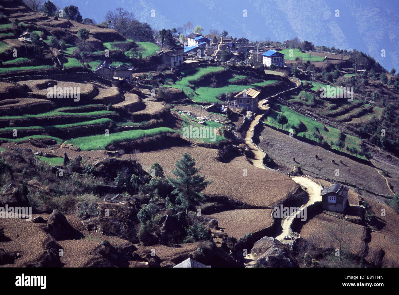 High angle view of a village, Khumbu Valley, Mt Everest, Nepal Stock Photo