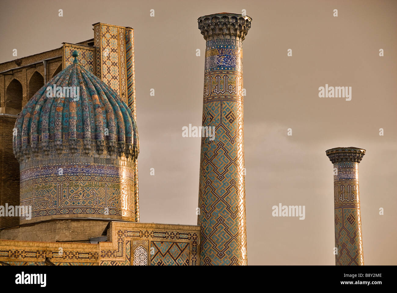 Detail of the Registan minarets, Samarcand, Uzbekistan, Asia Stock Photo