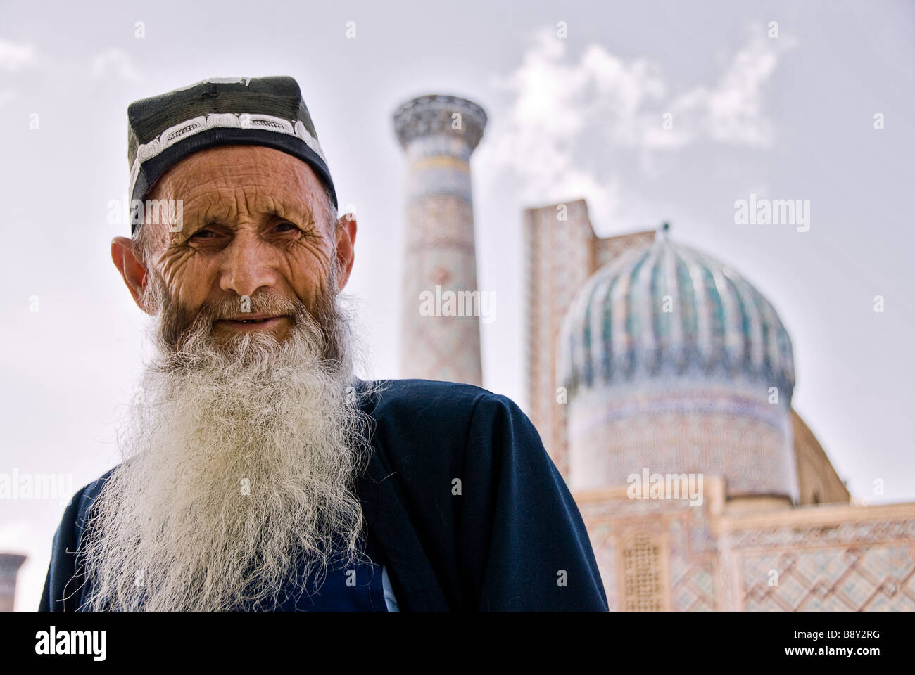 Old man near the Registan, Samarcand, Uzbekistan Stock Photo