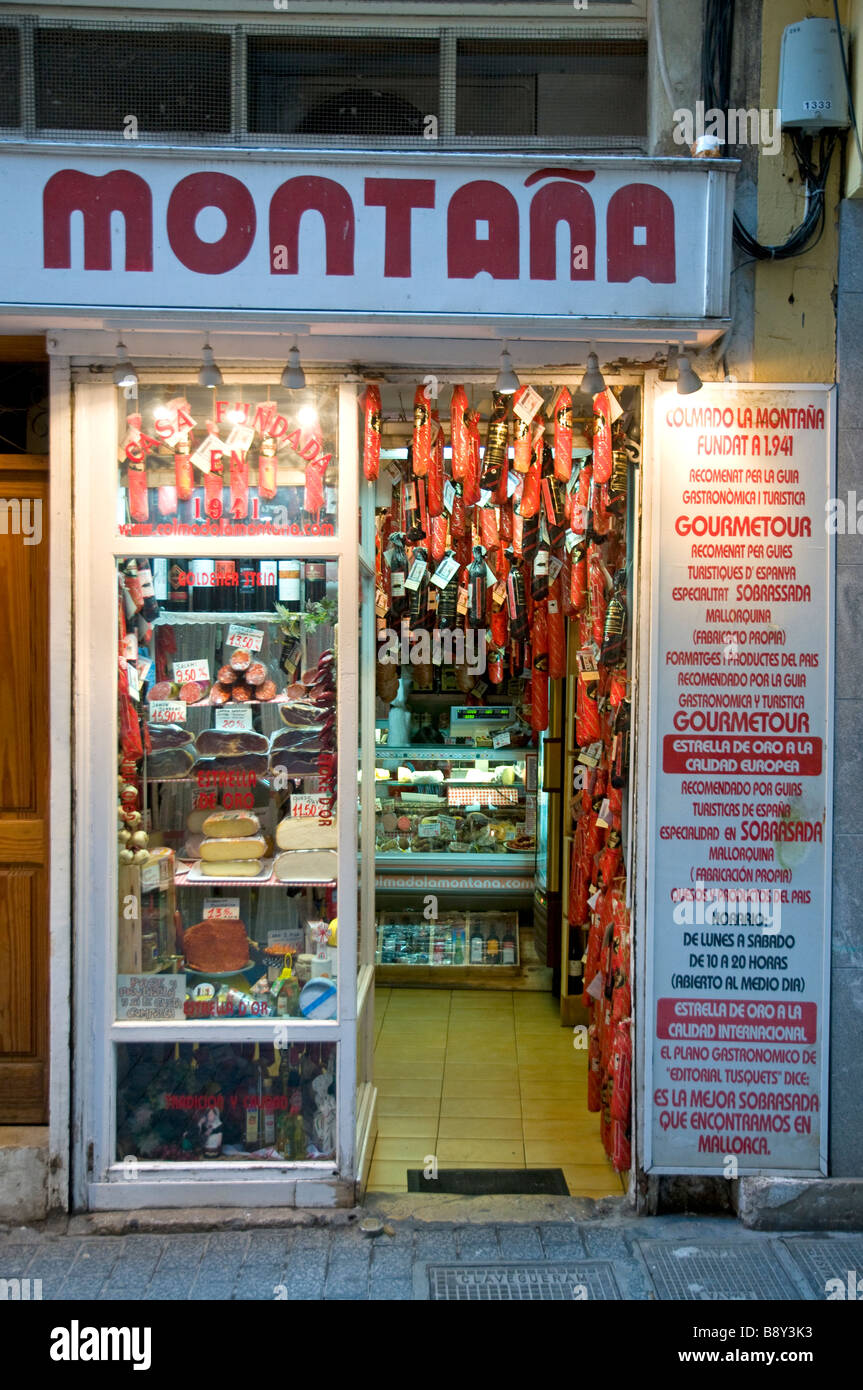 Europe Spain Balearic Islands Majorca Palma downtown Old City Colmado Santo Domingo little sausage and chese store Stock Photo