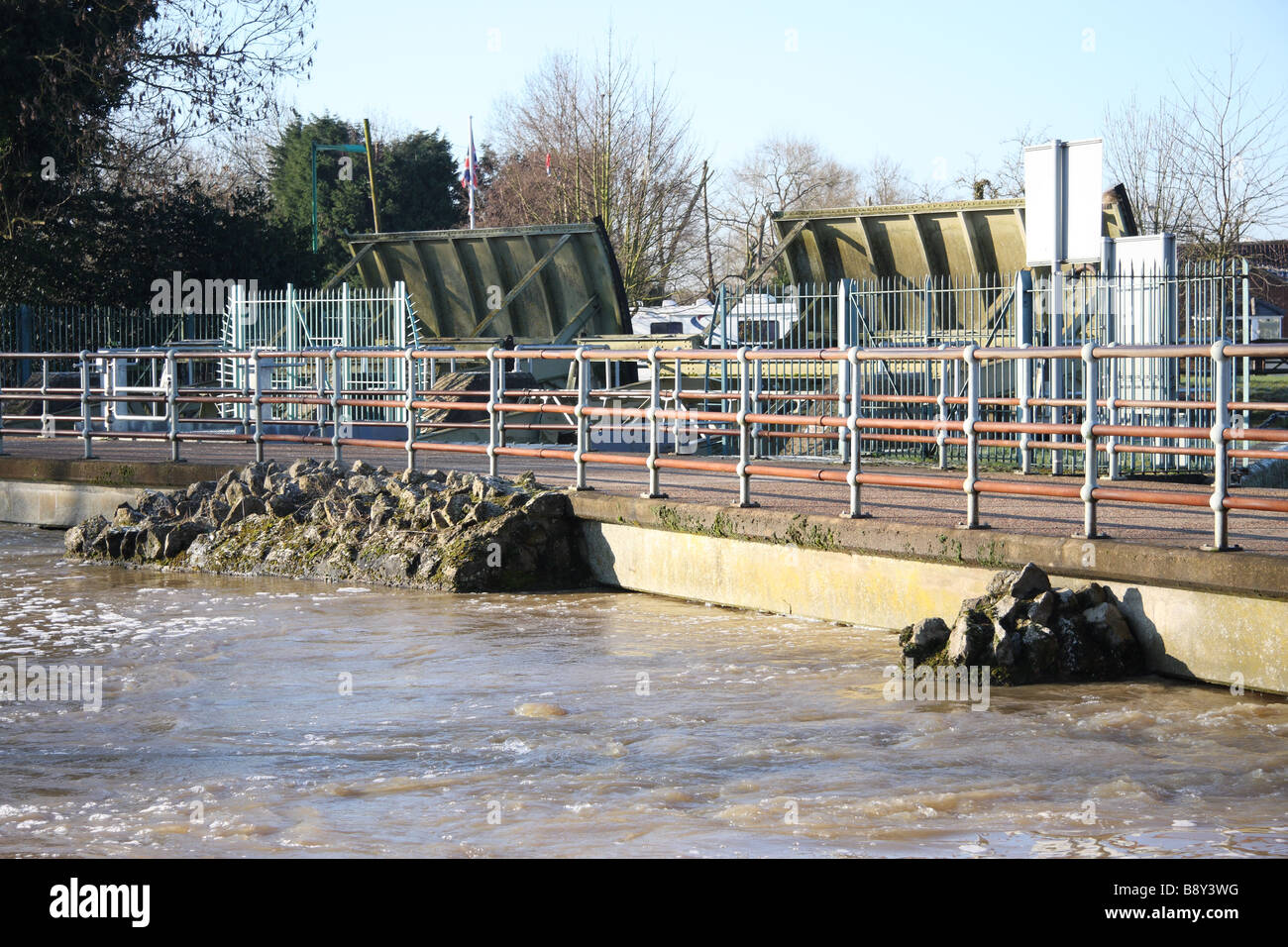 sluice gates flooded floodwater flood flooding river medway yalding