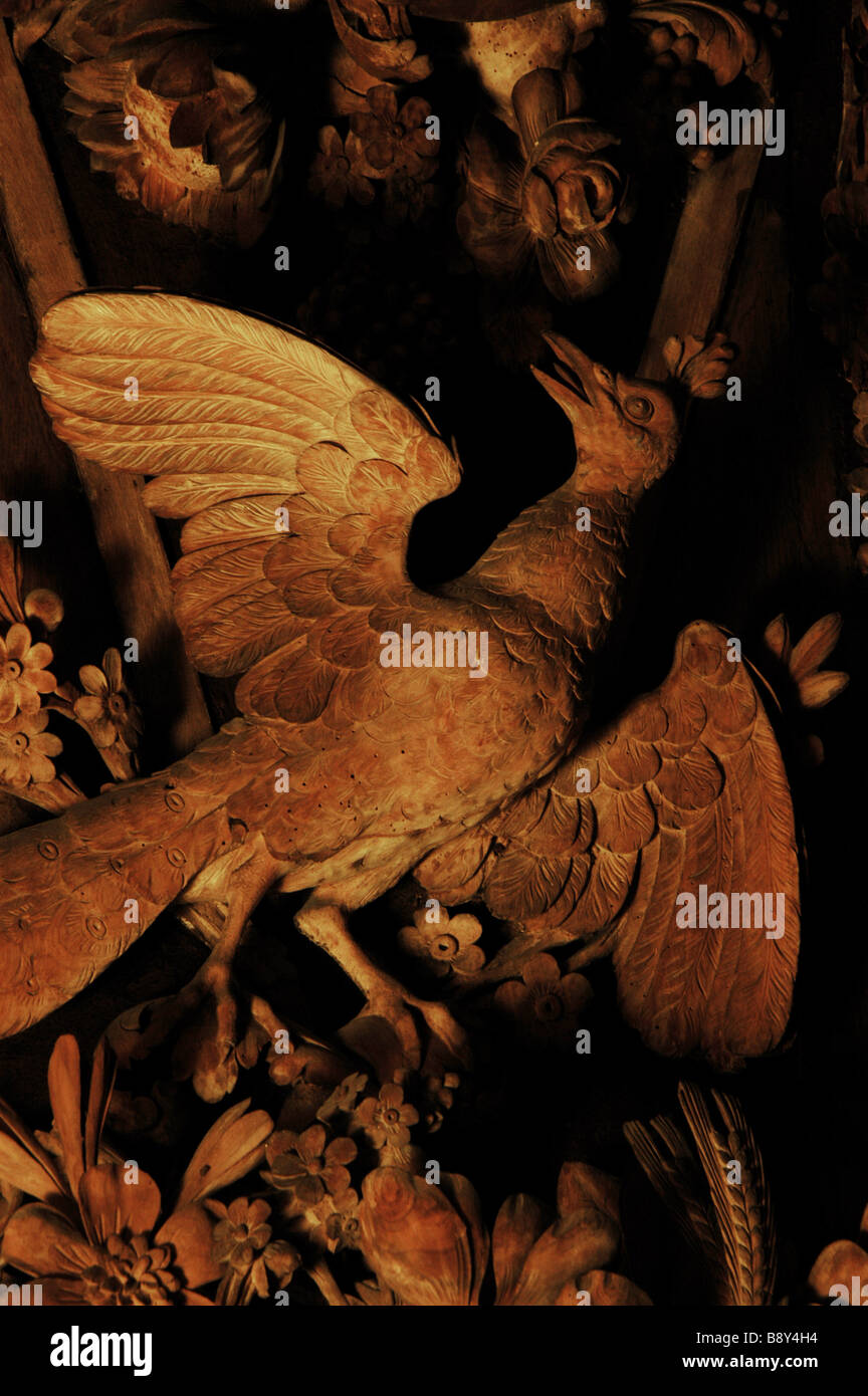 Close view of late C17th wood carving by Grinling Gibbons in the Carved Room at Petworth House