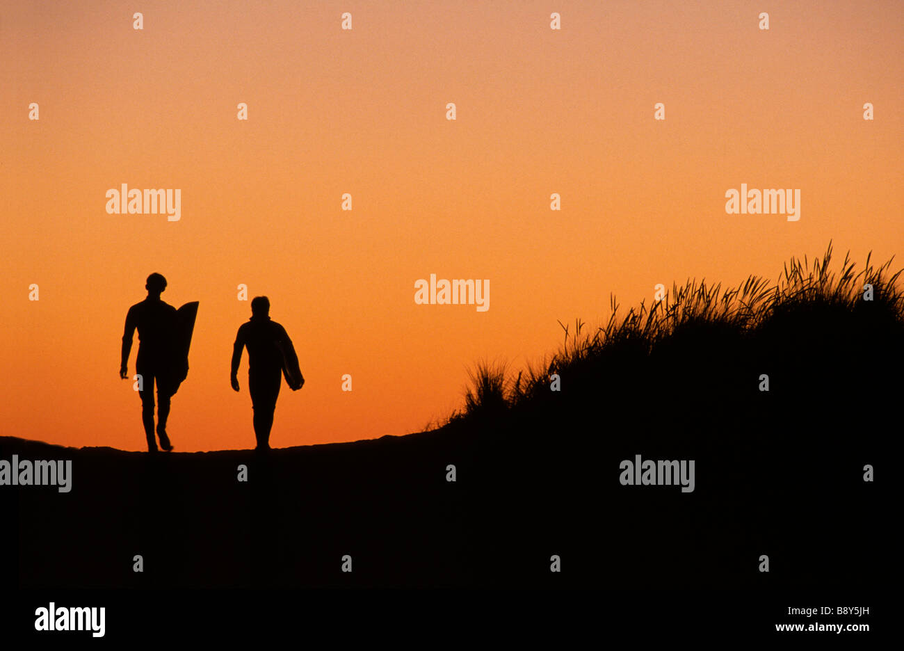 Silhouette of two people walking with surfboards on the beach Stock ...