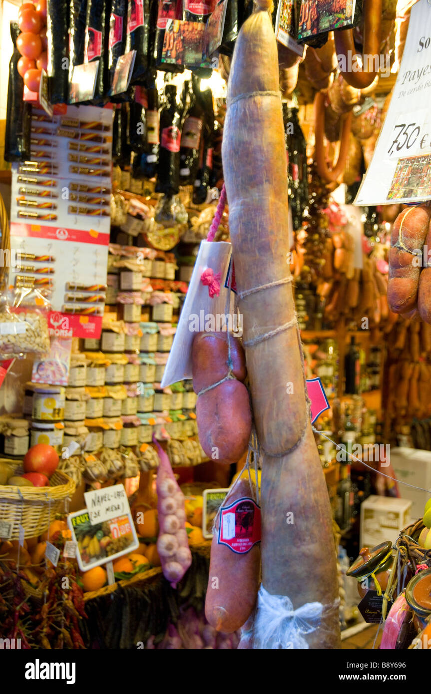 Europe Spain Balearic Islands Majorca Palma downtown Old City Colmado Santo Domingo little sausage and chese store Stock Photo
