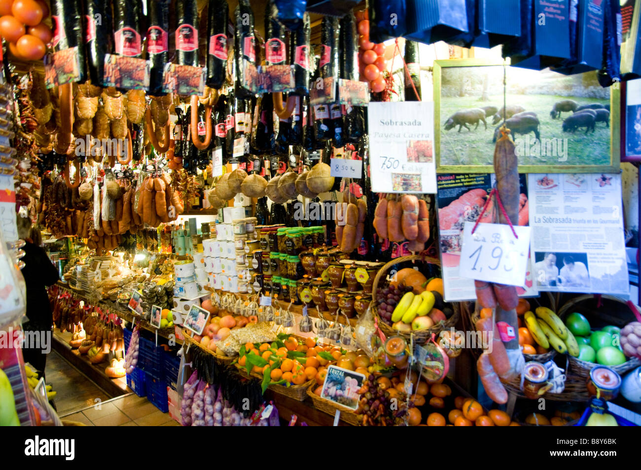 Europe Spain Balearic Islands Majorca Palma downtown Old City Colmado Santo Domingo little sausage and chese store Stock Photo