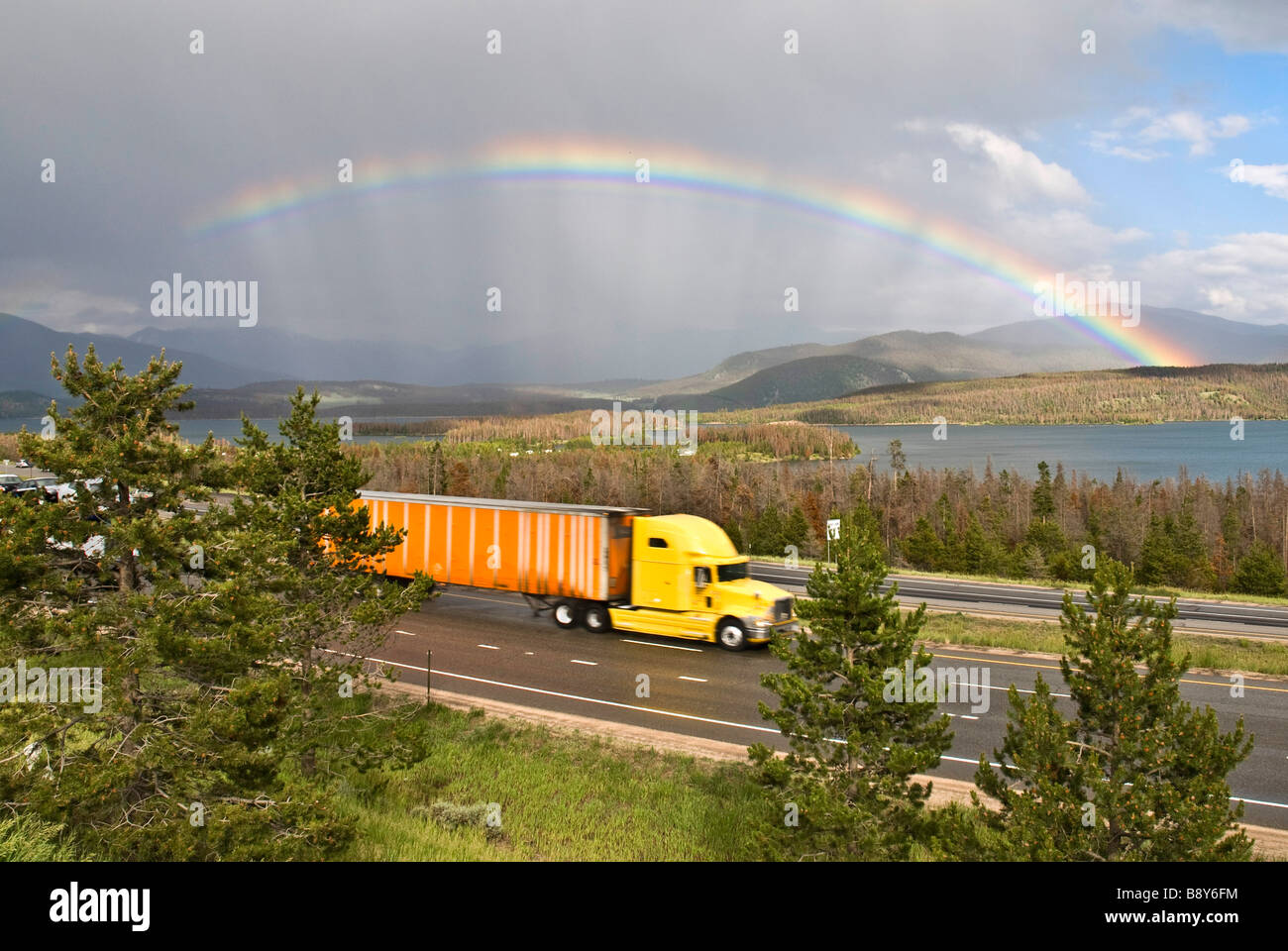 Truck on a highway, Interstate 70, Lake Dillon, Dillon, Summit County, Colorado, USA Stock Photo