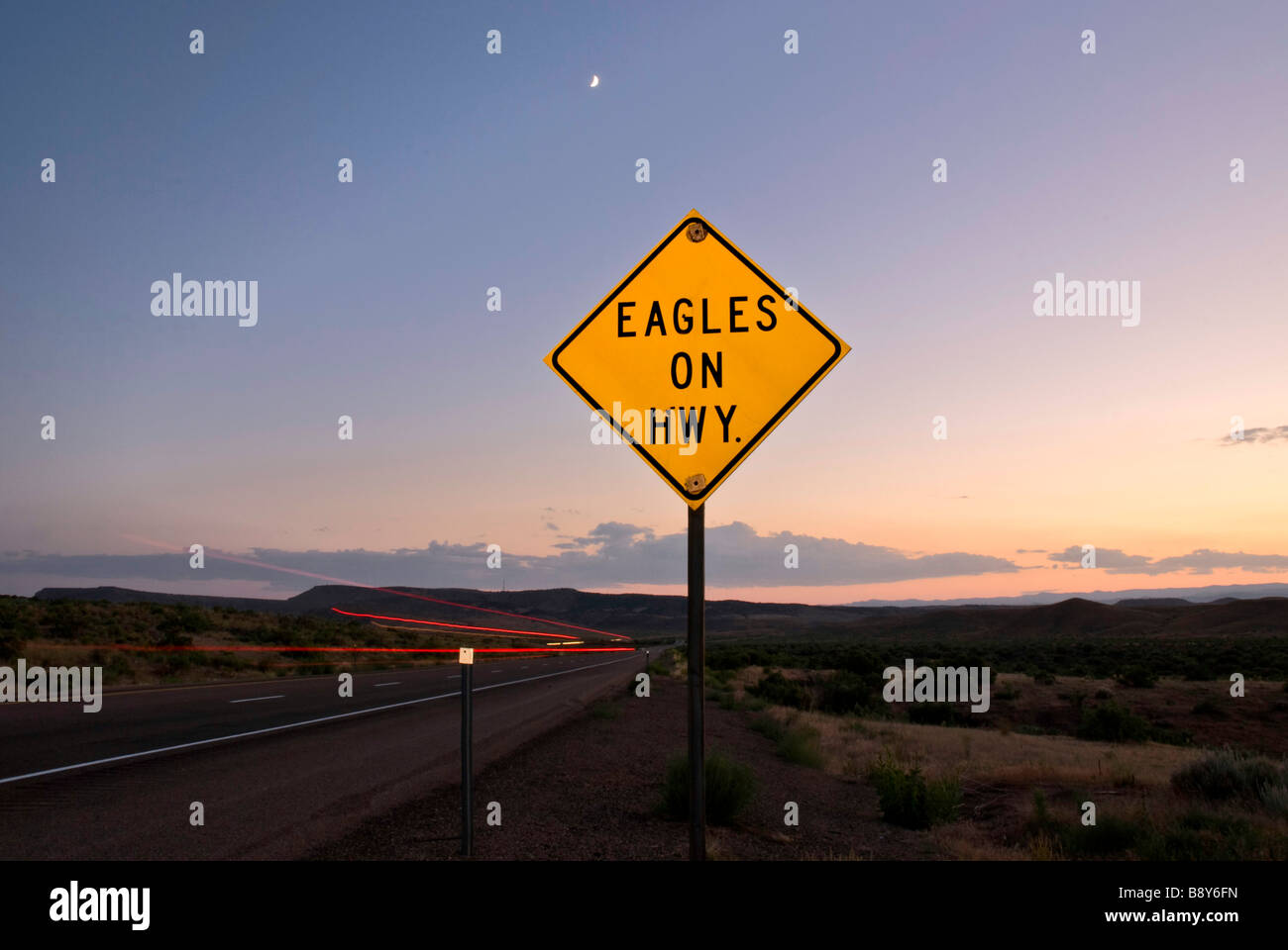 Eagles on Highway sign at the roadside, Interstate 70, Utah, USA Stock Photo
