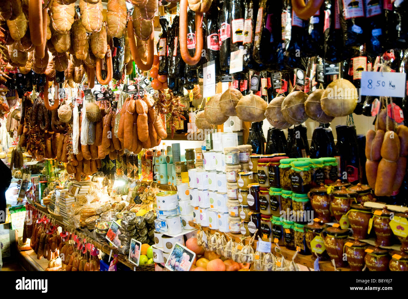 Europe Spain Balearic Islands Majorca Palma downtown Old City Colmado Santo Domingo little sausage and chese store Stock Photo