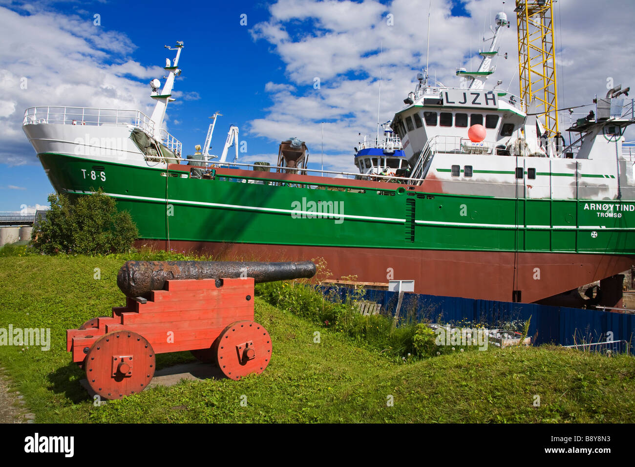 Commercial fishing boat at a dry dock, Skansen, Tromso, Toms County, Nord-Norge, Norway Stock Photo