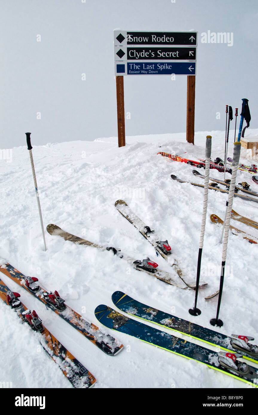 Ski trail signs top of the Revelation Gondola,Revelstoke Mountain Resort, Revelstoke, British Columbia, Canada. Stock Photo