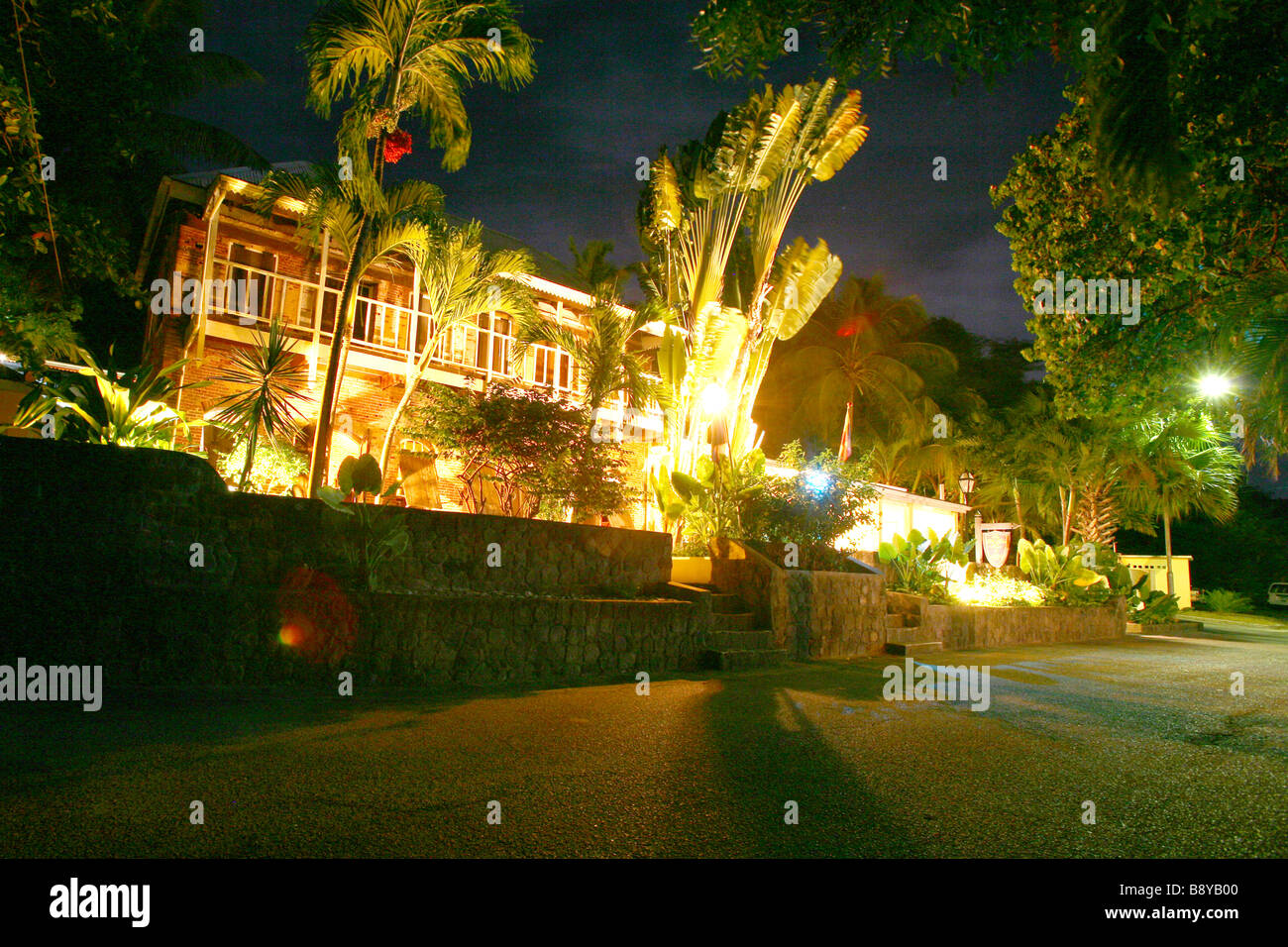 An illuminated house on the Caribbean isle Saint Eustace in the Netherlands Antilles Stock Photo