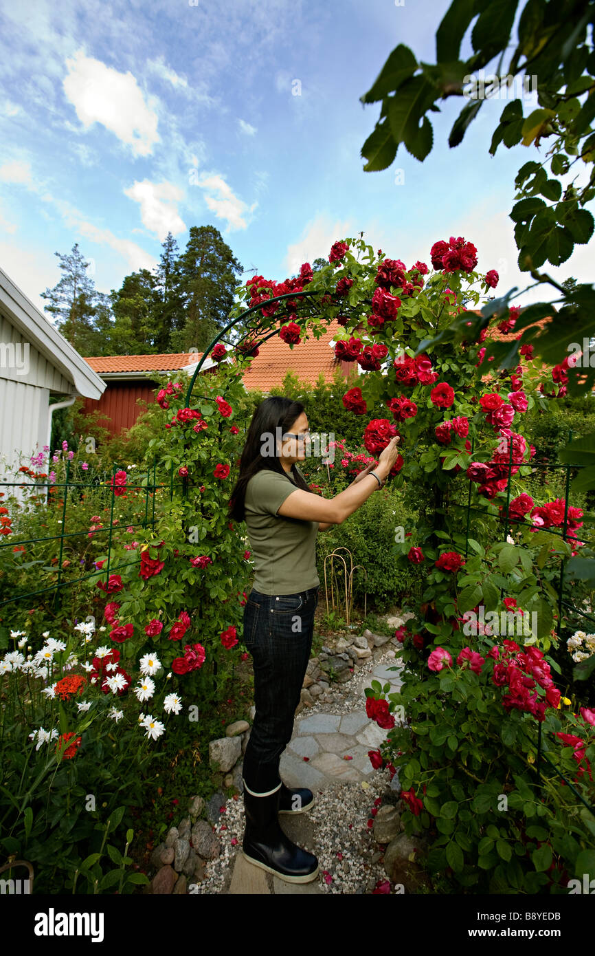A Japanese woman in her Swedish garden Sweden. Stock Photo