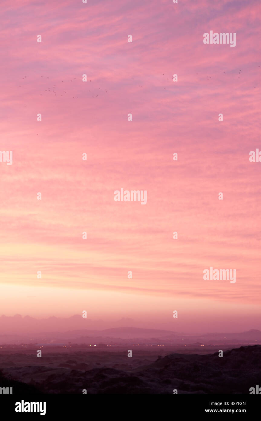 Pink sunrise sky over misty dunes Stock Photo