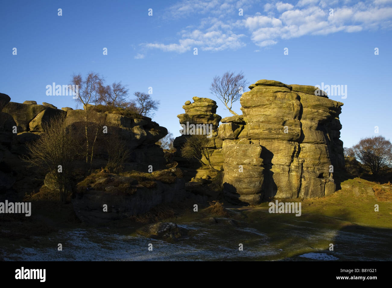 The interesting rock formations at Brimham Rocks Nidderdale North Yorkshire on a sunny winters afternoon Stock Photo