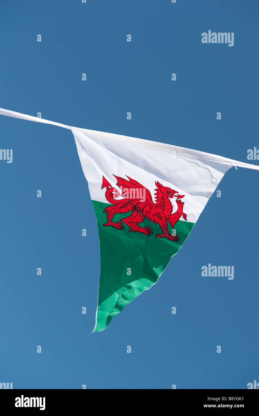 A triangular shaped Welsh pennant red dragon national emblem of wales flying in a clear blue sky on St David's day , Wales UK Stock Photo