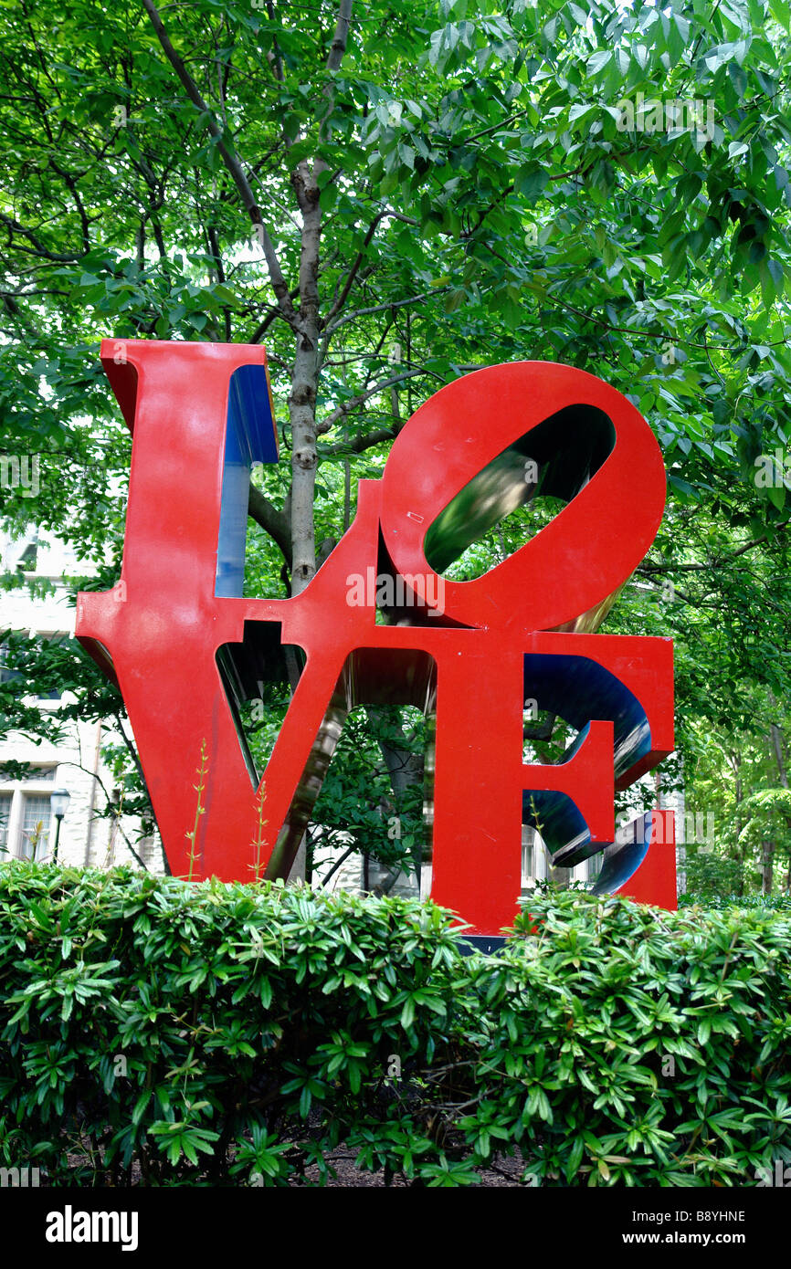 Outdoor scene of LOVE sculpture by Robert Indiana at University of
