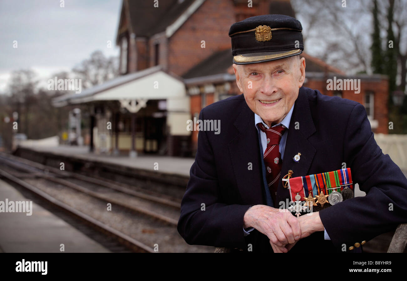 Bernard Holden MBE president of the Bluebell Railway in Sussex. Photographed aged 101 years old March 2009.Picture by Jim Holden Stock Photo