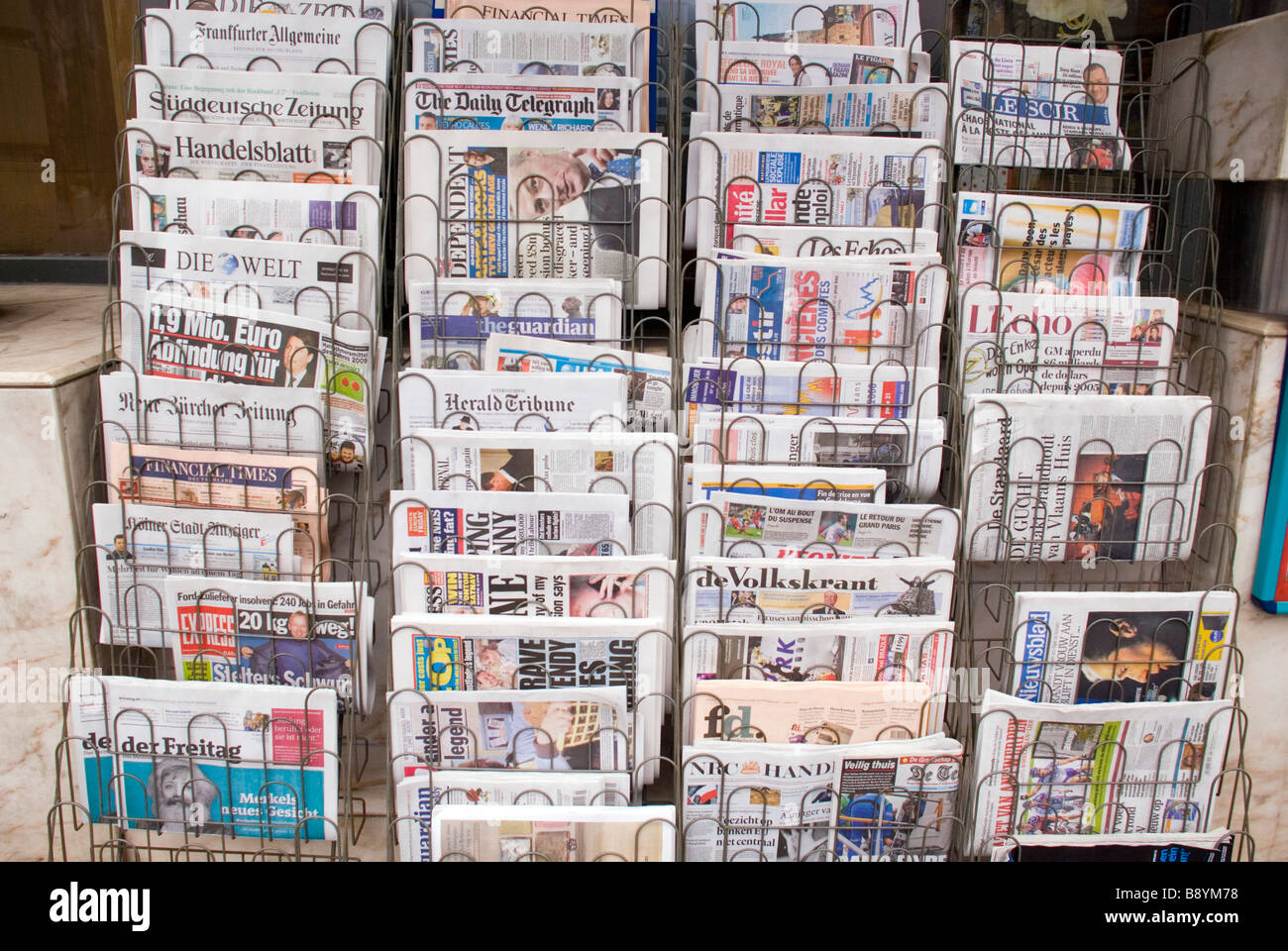 Brussels Belgium International and European newspapers on sale in the capital city Stock Photo