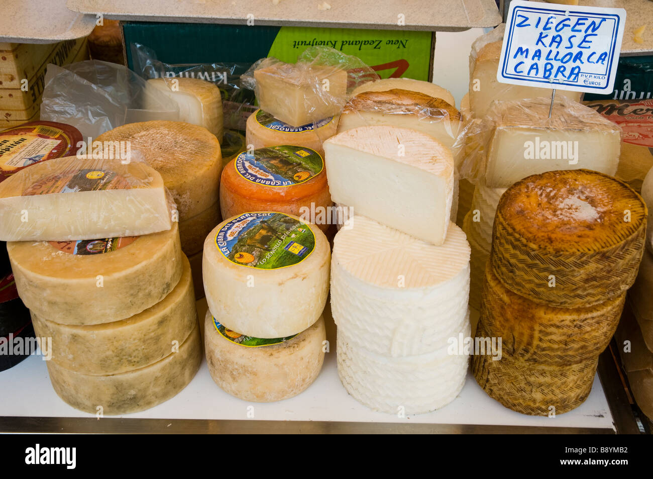 Europe Spain Balearic Islands Majorca Sineu market Local cheese Stock Photo