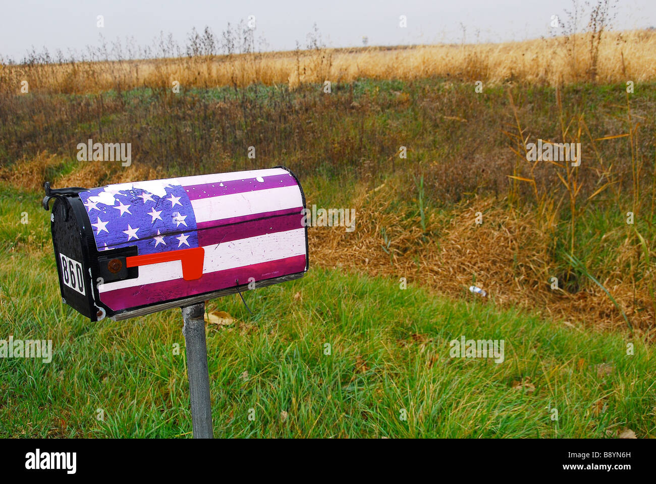 American flag on letterbox, Sheridan, Illinois, United States of America, North America Stock
