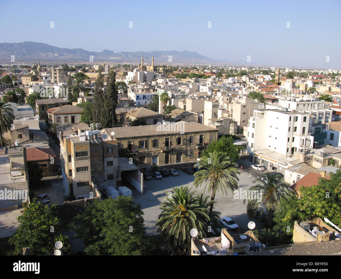 NICOSIA, CYPRUS. A view over the south of the divided city towards the Turkish occupied north. 2008. Stock Photo