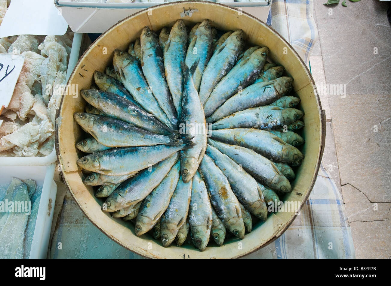 Europe Spain Balearic Islands Majorca Sineu market Sardines Stock Photo
