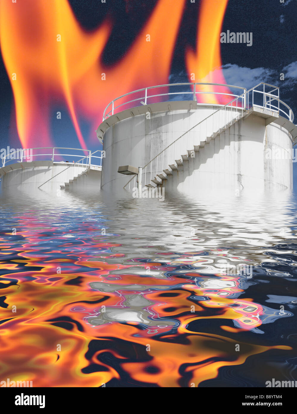 Climate change, oil storage burning & water flood. Manipulated picture Stock Photo