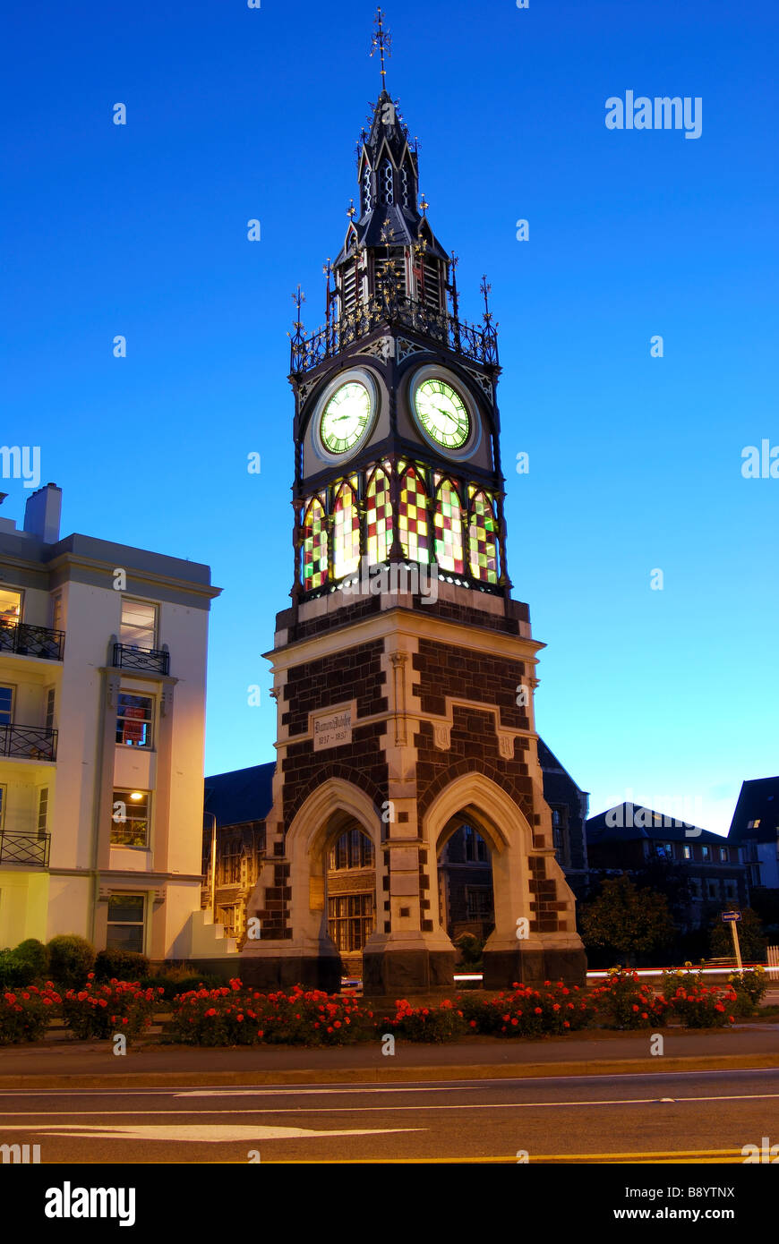 Victorian Clock Tower at dusk, Victoria Street, Christchurch Stock