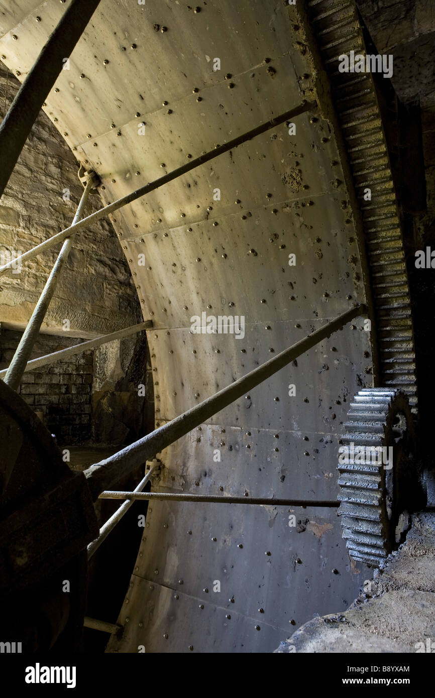 Restored machinery at Stainsby Mill a working water powered flour mill on the Hardwick Hall