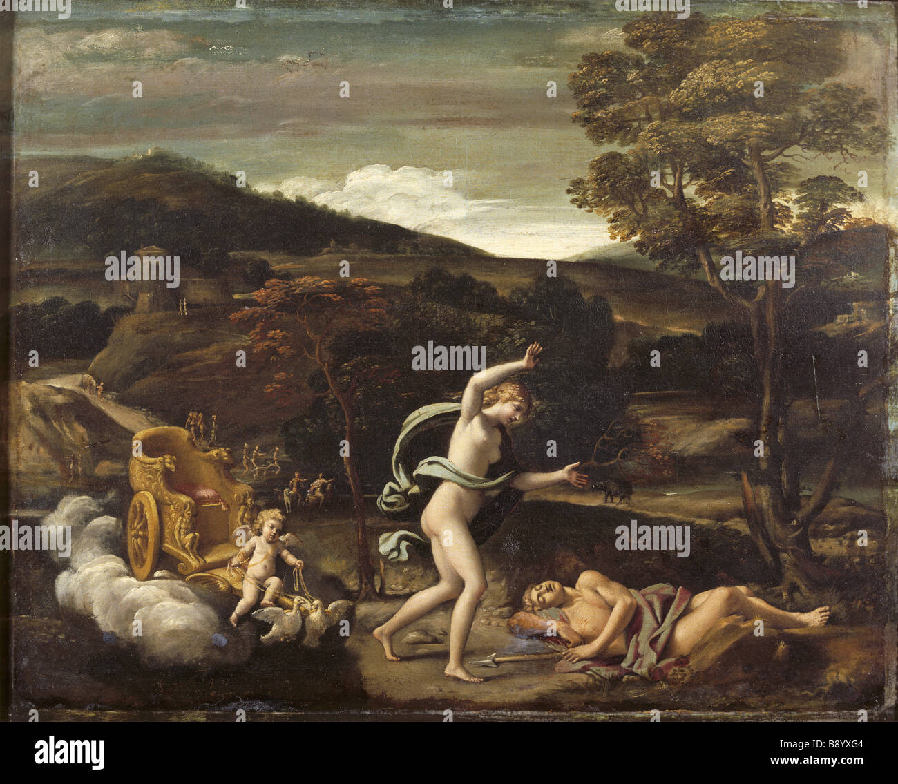 A painting of VENUS DISCOVERING THE CORPSE OF ADONIS attributed to Antonio Carracci 1589 1618 in the Card Room Stock Photo