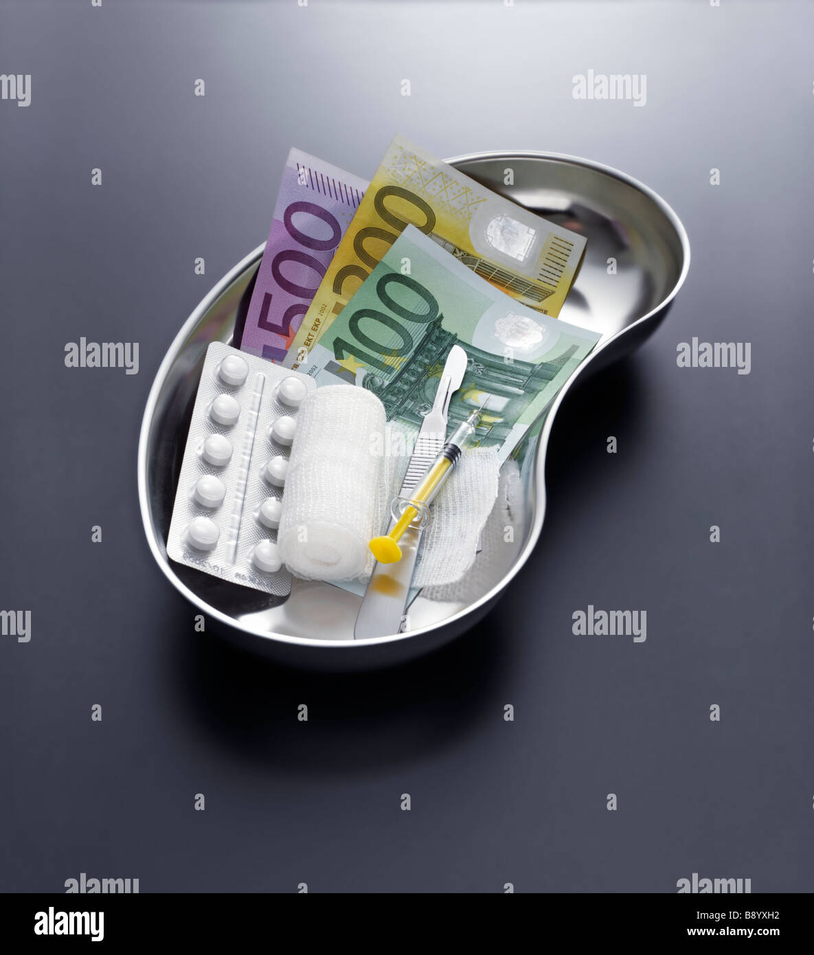 Edelstahl Nierenschale mit Euroscheinen Stock Photo