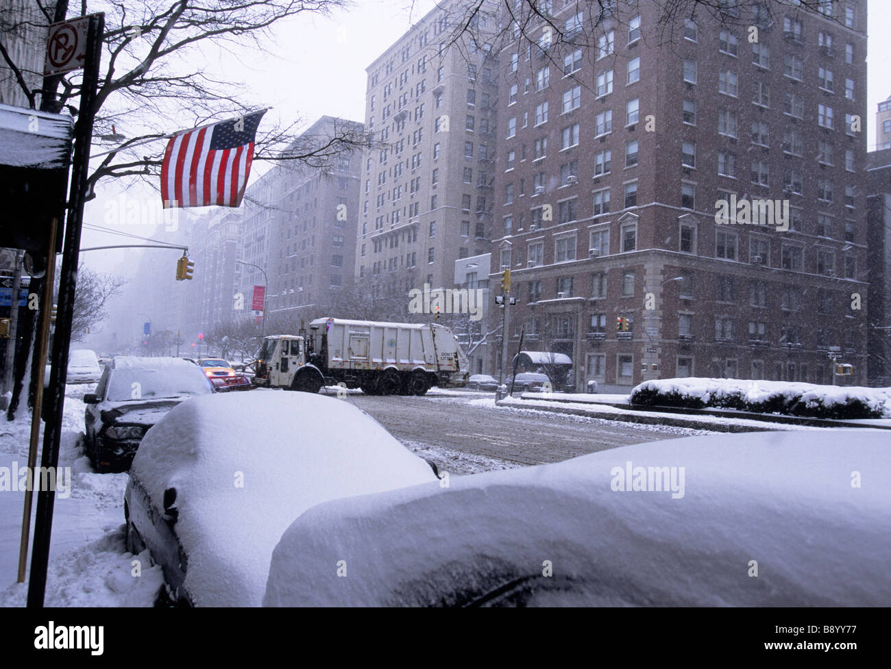 New York City Park Avenue in a Snowstorm Cars Parked USA NYC Stock Photo