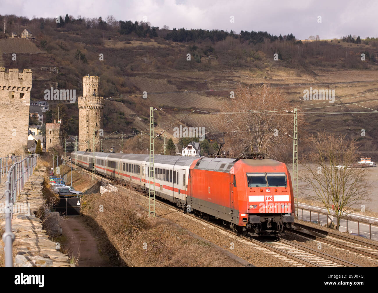 Class 101 electric locomotive number 101 132-9 hauling an intercity express passenger service at Oberwesel in the Rhine Valley, Germany. Stock Photo