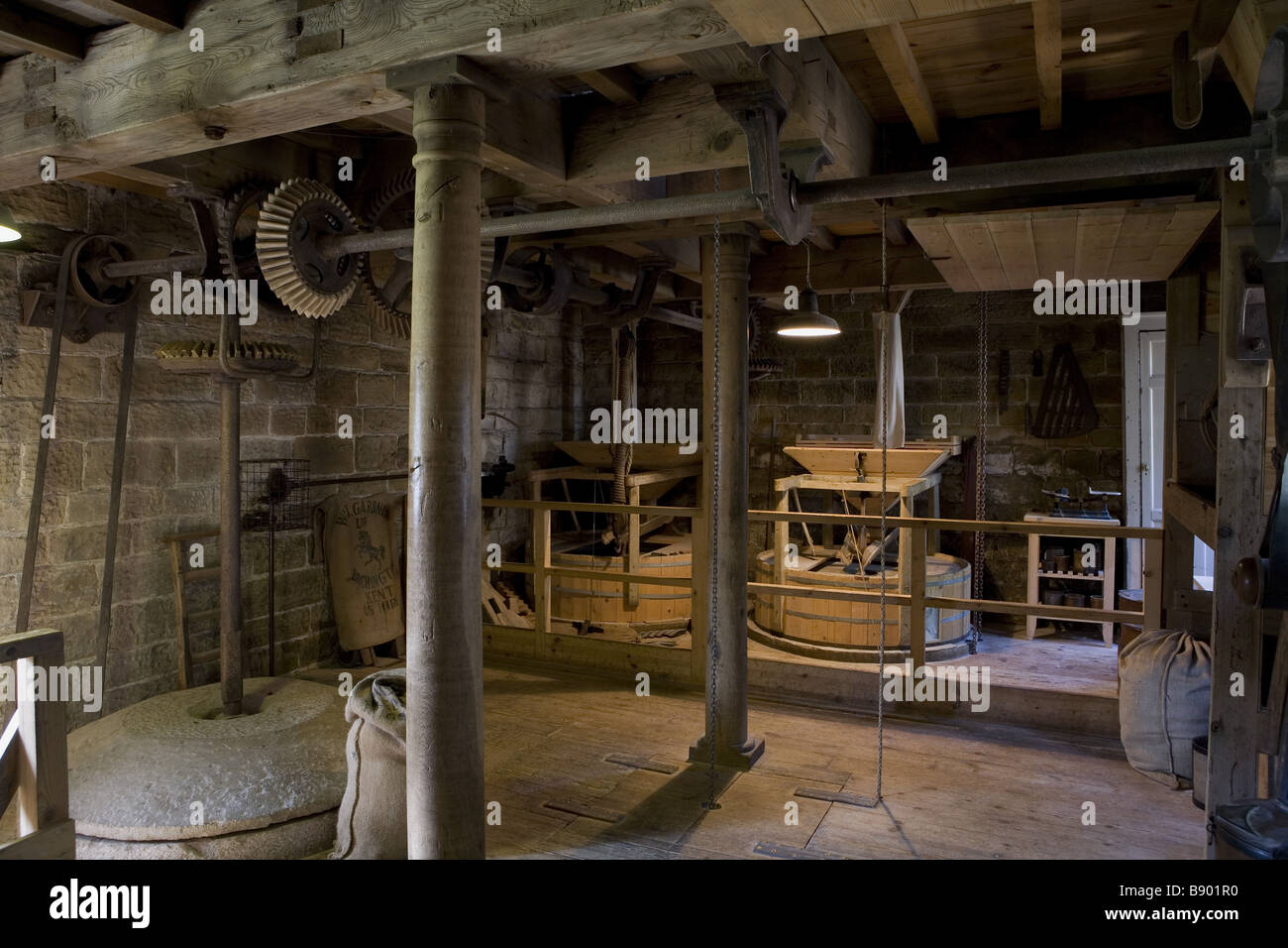 Restored workings inside Stainsby Mill a working water powered flour mill on the Hardwick Hall